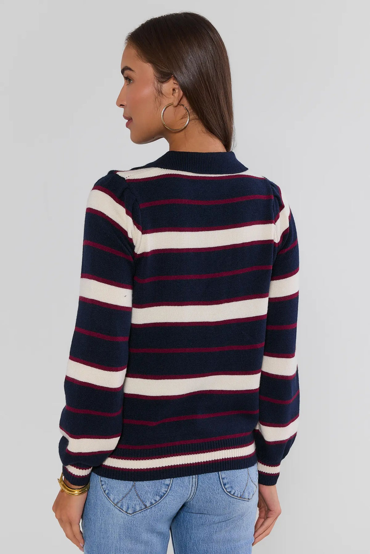 Navy Striped Split Neck Sweater - Back View On Model | Avara
