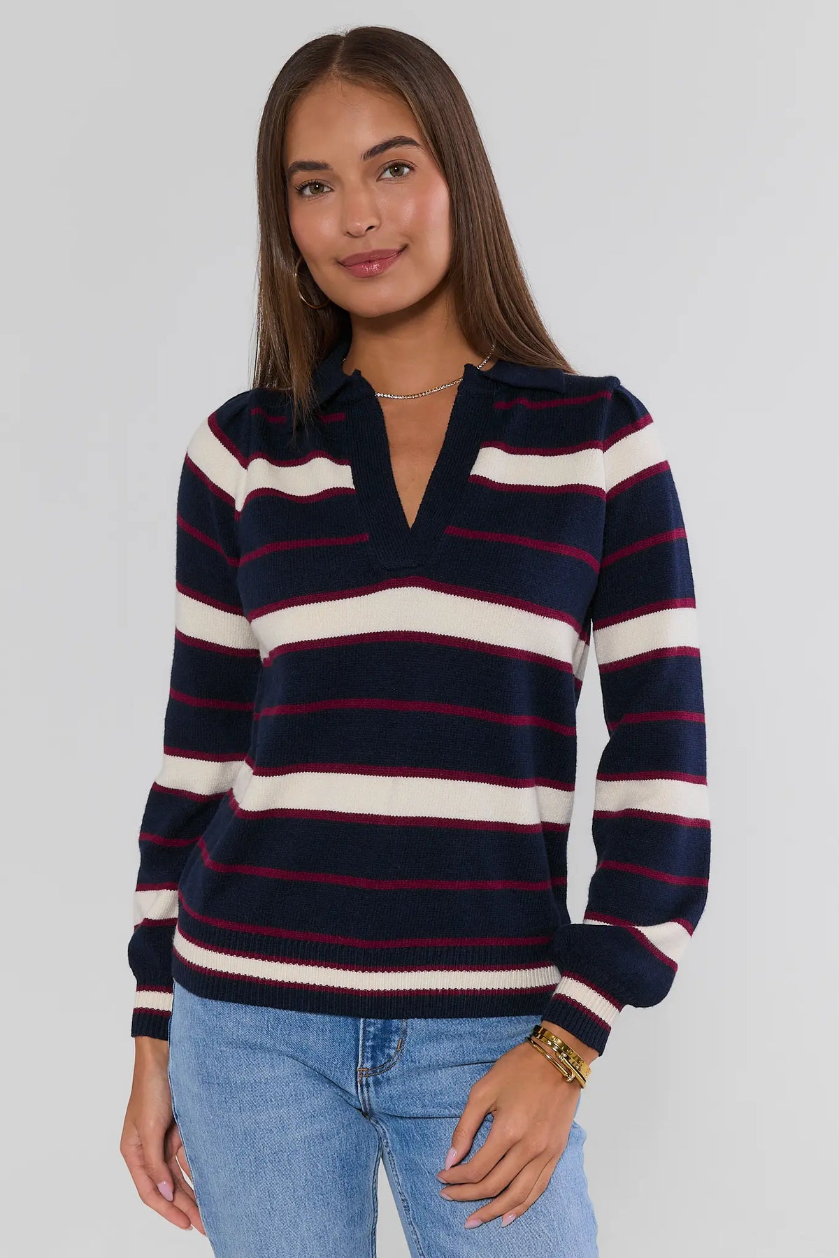Navy Striped Knit Split Neck Sweater - Front View On Model | Avara