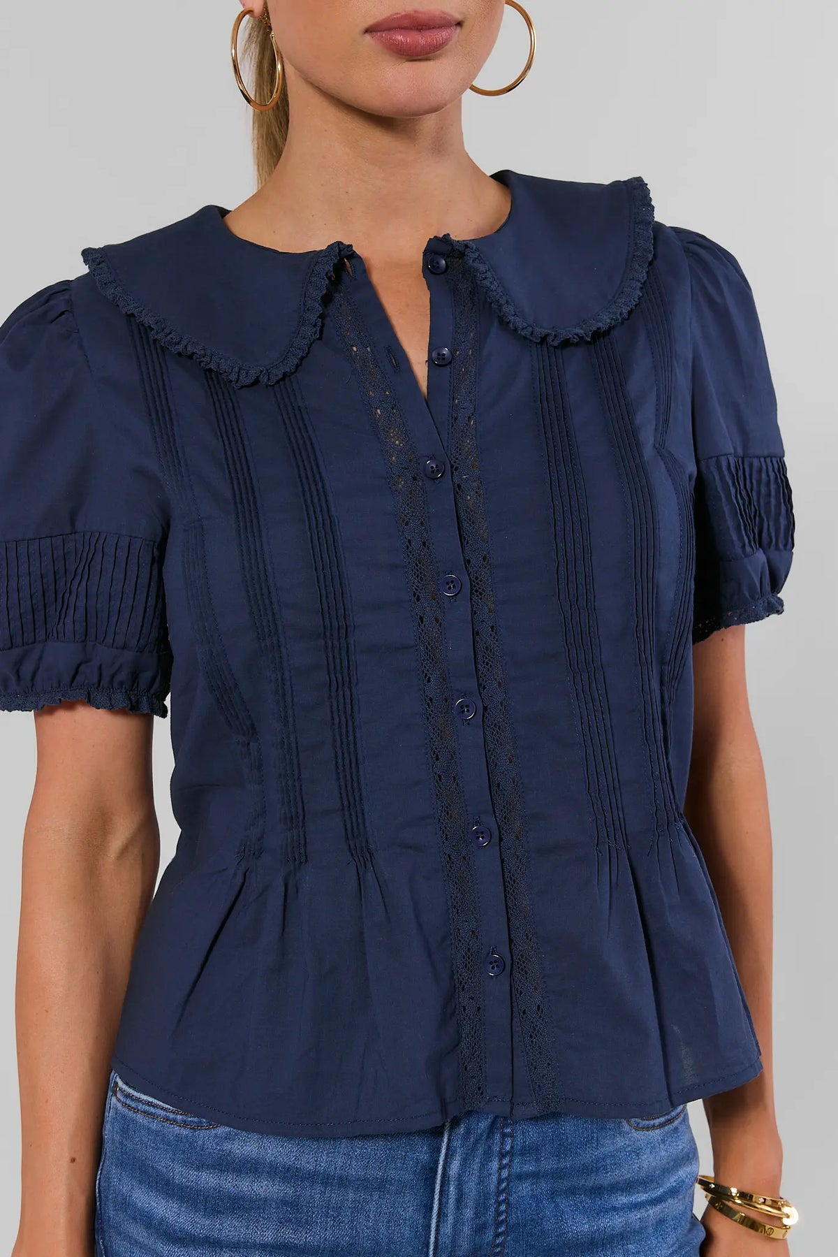 Navy Puff Sleeve Button-Up Top - Lace Trim & Collar Close-Up | Avara