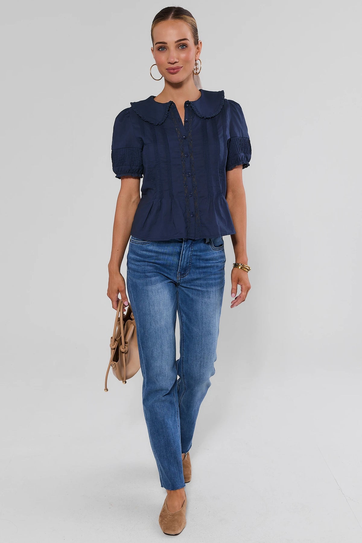 Navy Button-Up Top Styled with Jeans - Full-Length On Model | Avara