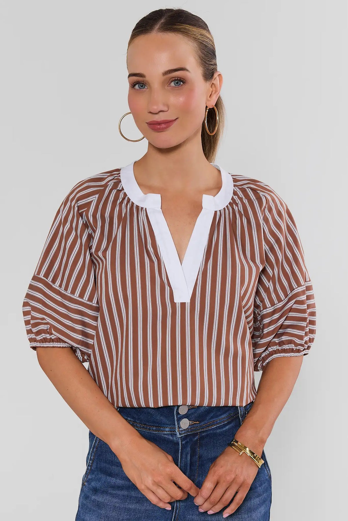 Brown Striped Contrast Trim Top - Front View On Model | Avara