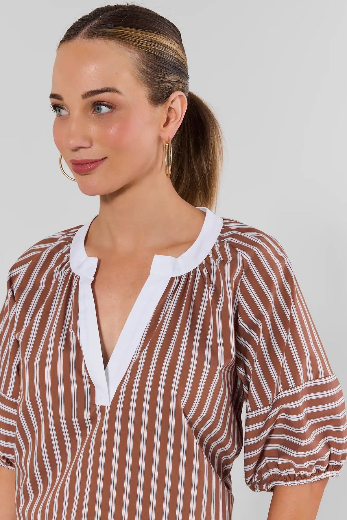 Brown Striped Top White Contrast Neckline Detail - Close-Up On Model | Avara