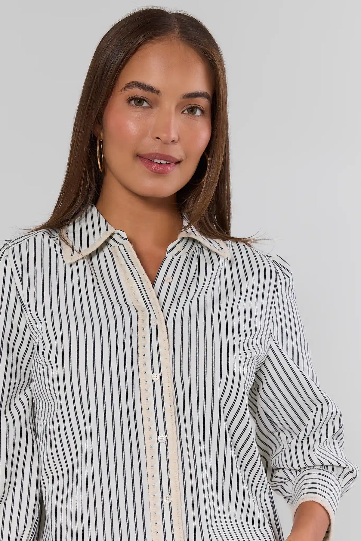 Blue Striped Button-Up Top - Close-Up Collar & Whipstitch Trim Detail | Avara