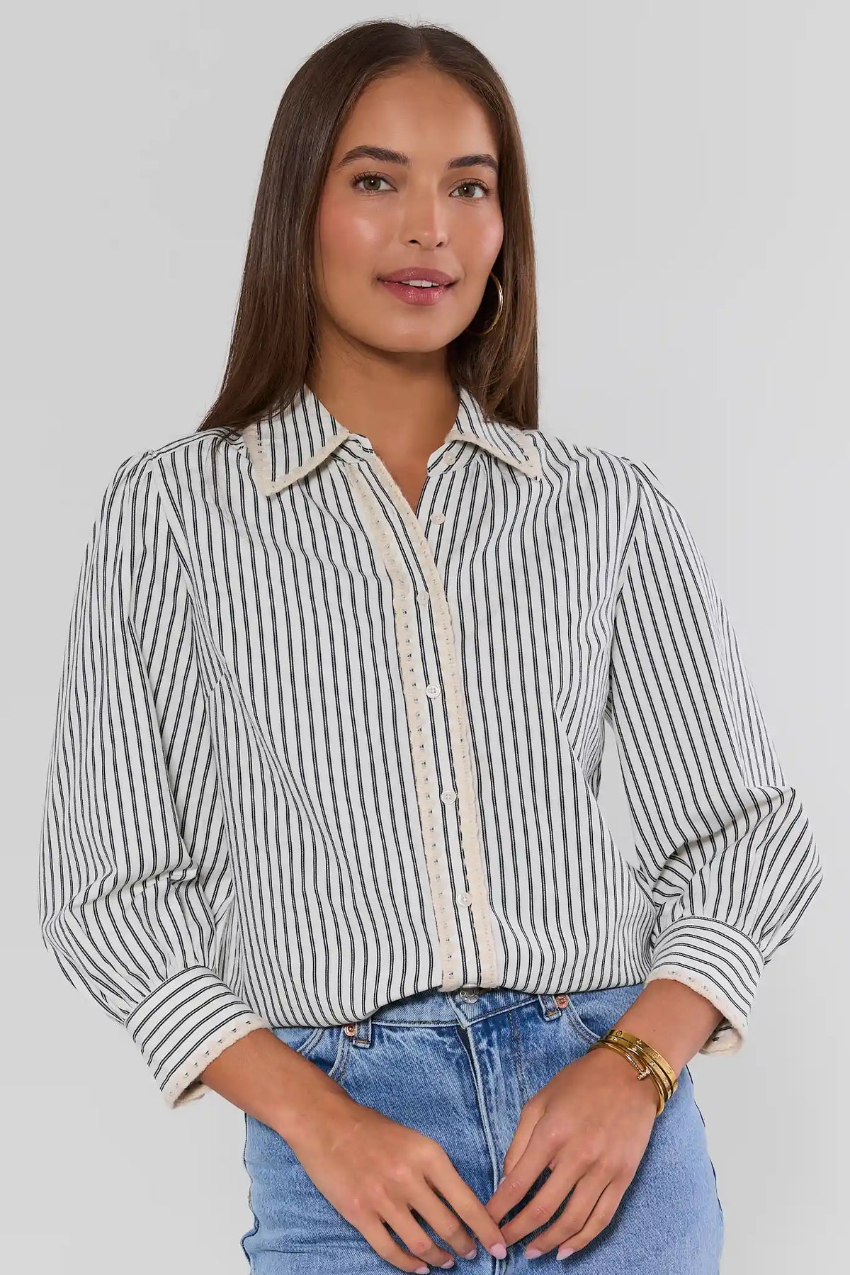 Blue Striped Button-Up Top - Front View, Styled with Denim | Avara