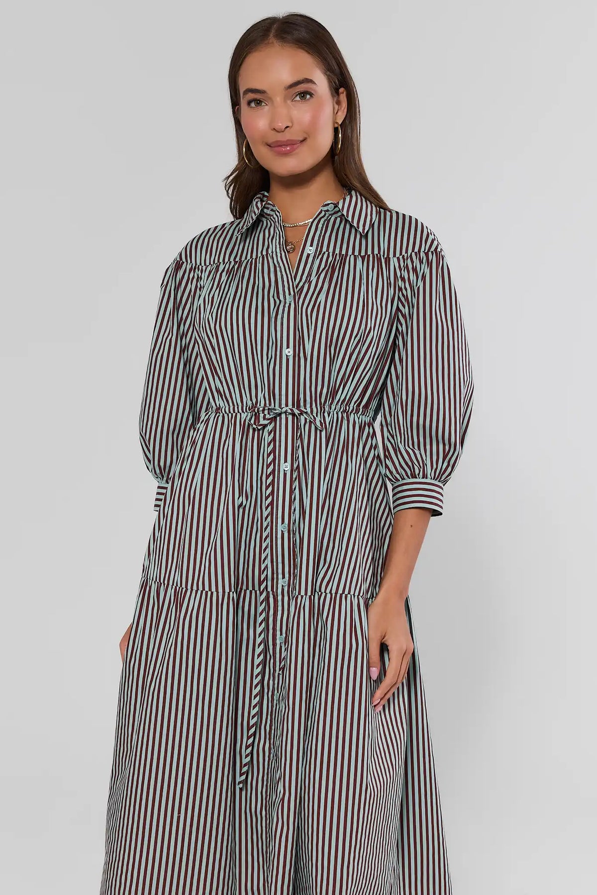 Brown Mint Striped Button-Up Midi Dress - Front Close-Up On Model | Avara