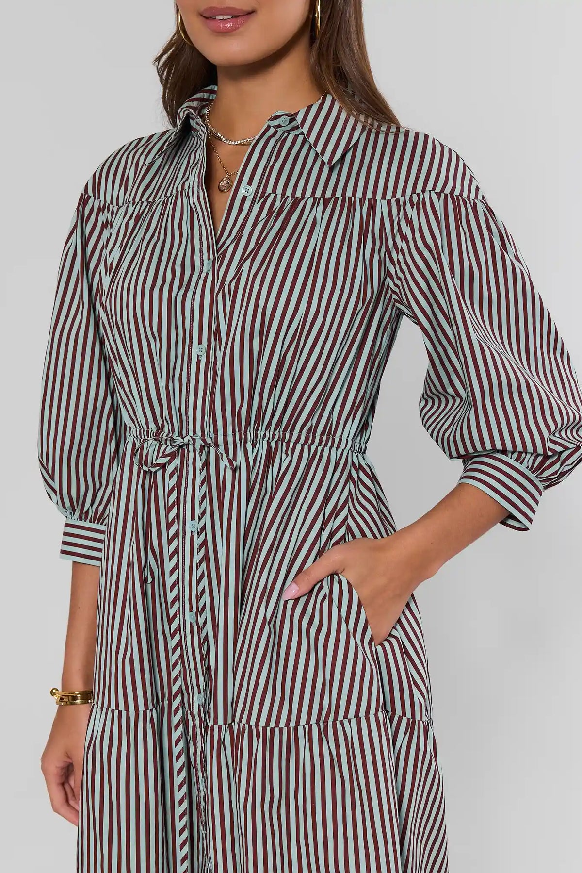 Brown Striped Button Down Midi Dress - Waist Tie Detail On Model | Avara