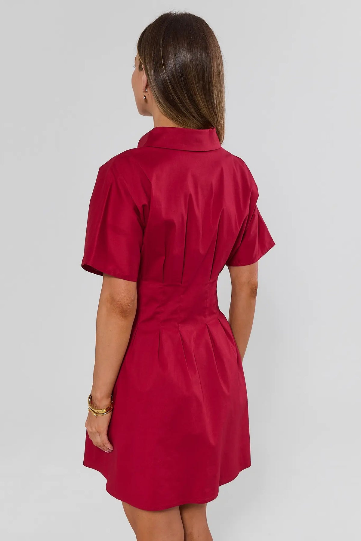 Red Short Shirt Dress with Fitted Waist - Back View On Model | Avara