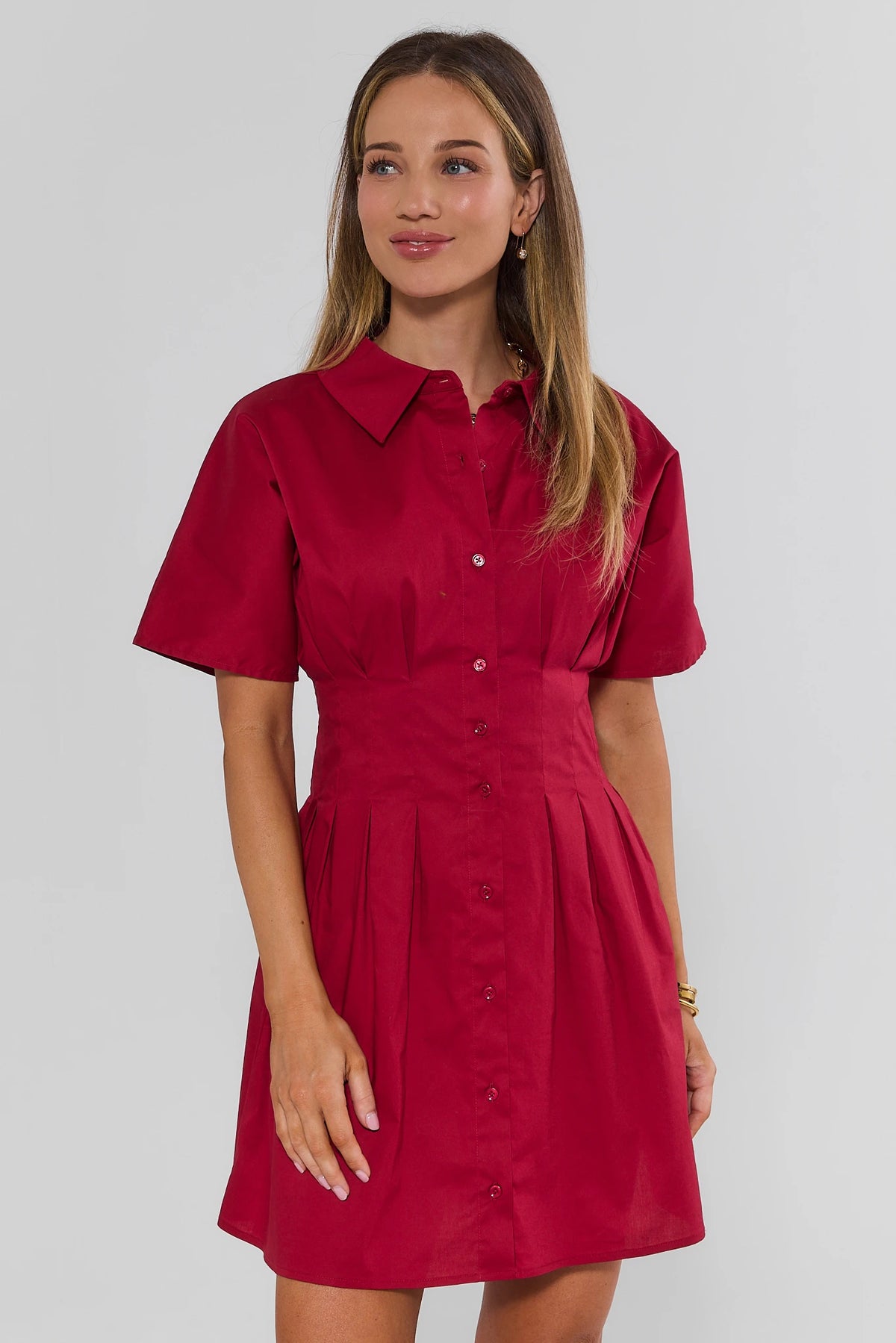 Red Button Up Short Dress with Pleated Skirt - Side Front View | Avara