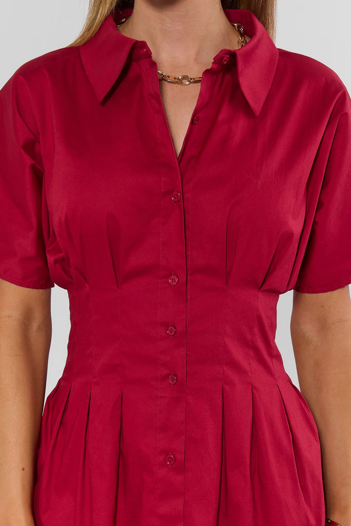 Red Game Day Shirt Dress - Button Front & Collar Close-Up Detail | Avara