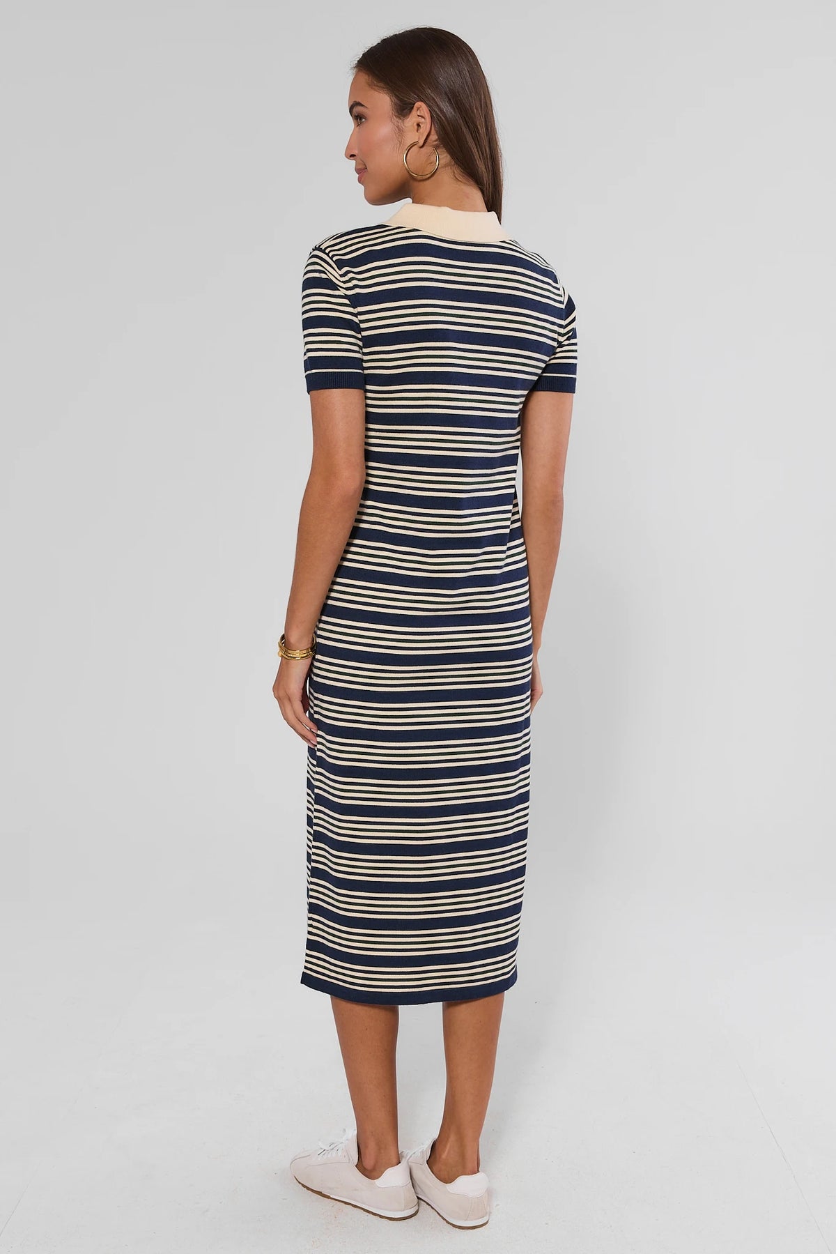 Navy Striped Collared Knit Midi Dress - Back View Full Length On Model | Avara