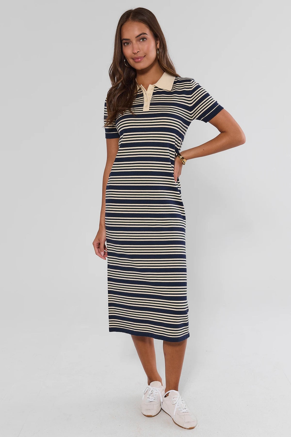 Navy Striped Collared Knit Midi Dress - Three-Quarter Front View On Model | Avara