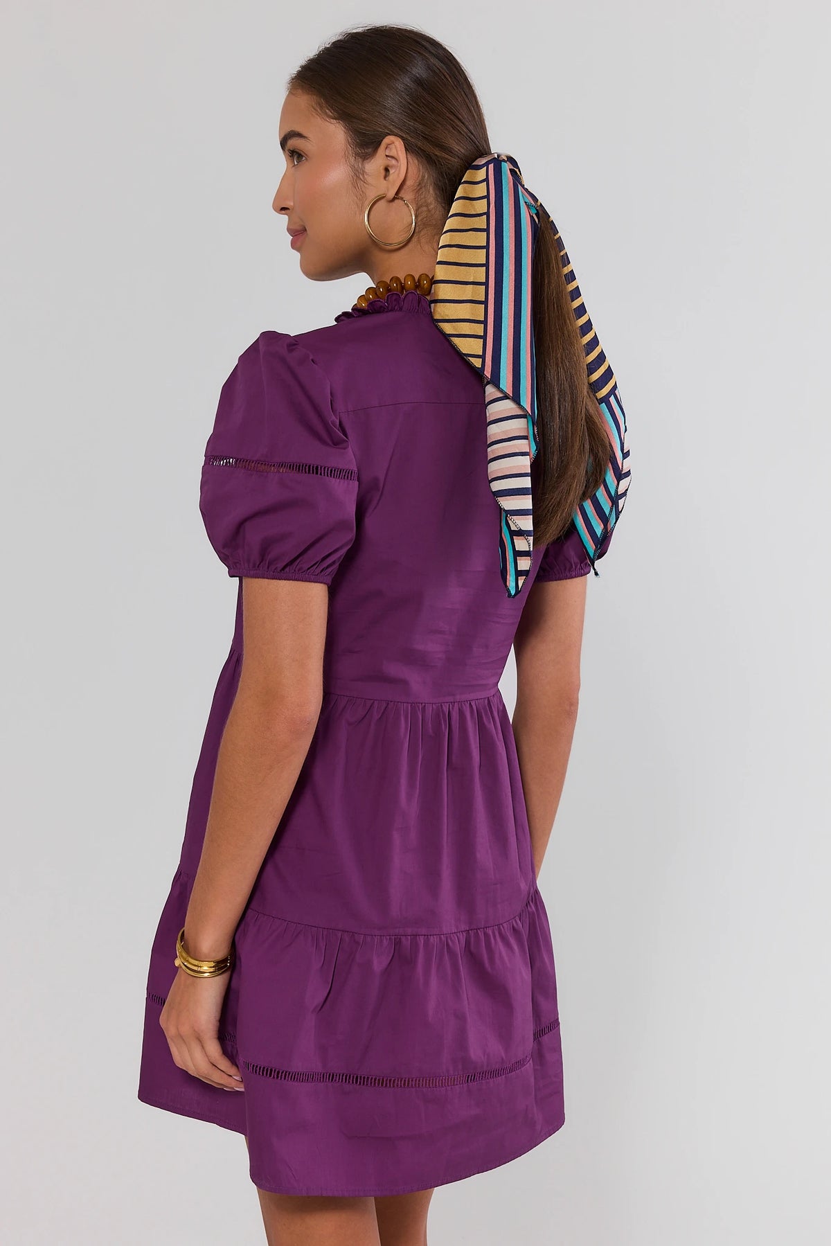 Purple Puff Sleeve Tiered Short Dress - Back View On Model | Avara