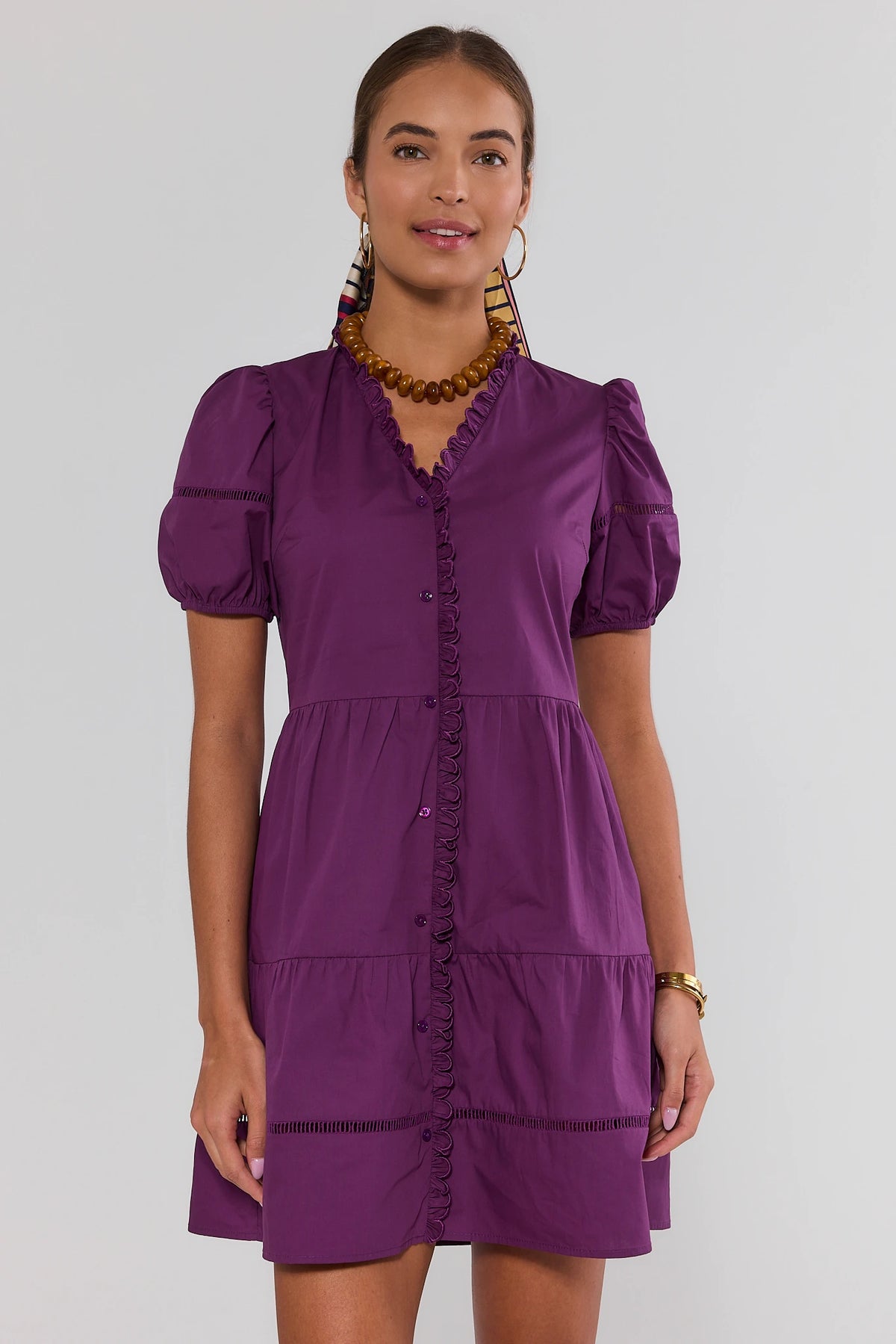 Purple Tiered Short Dress with Scalloped Trim - Front View On Model | Avara