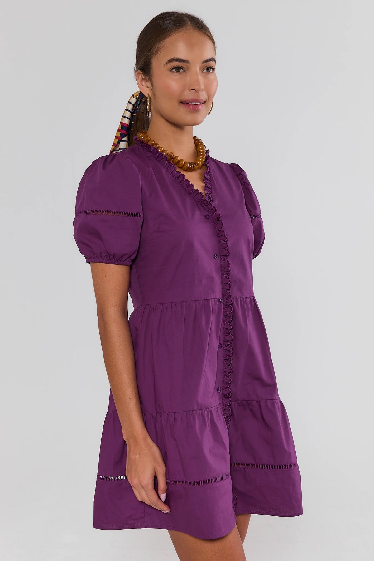 Purple Scalloped Hem Short Dress - Side Angle On Model | Avara