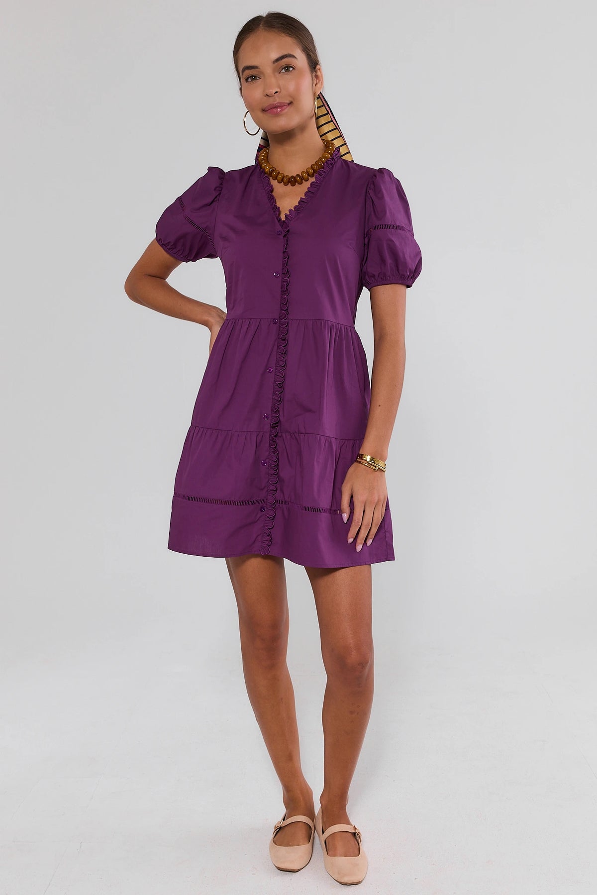 Purple Scalloped Hem Short Dress Full Length On Model | Avara