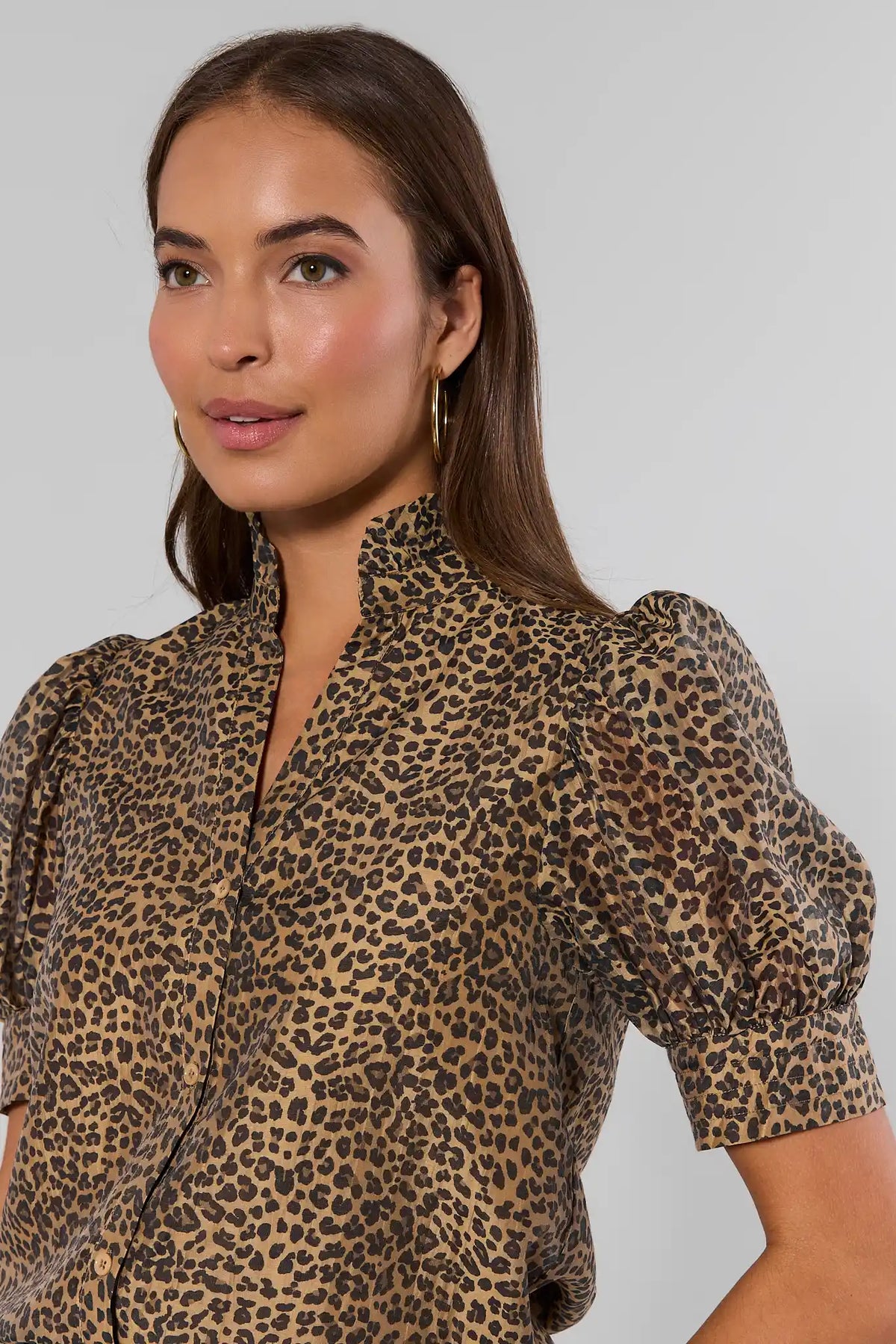 Leopard Print Puff Sleeve Blouse - Close-Up Puff Sleeve and Band Collar Detail | Avara