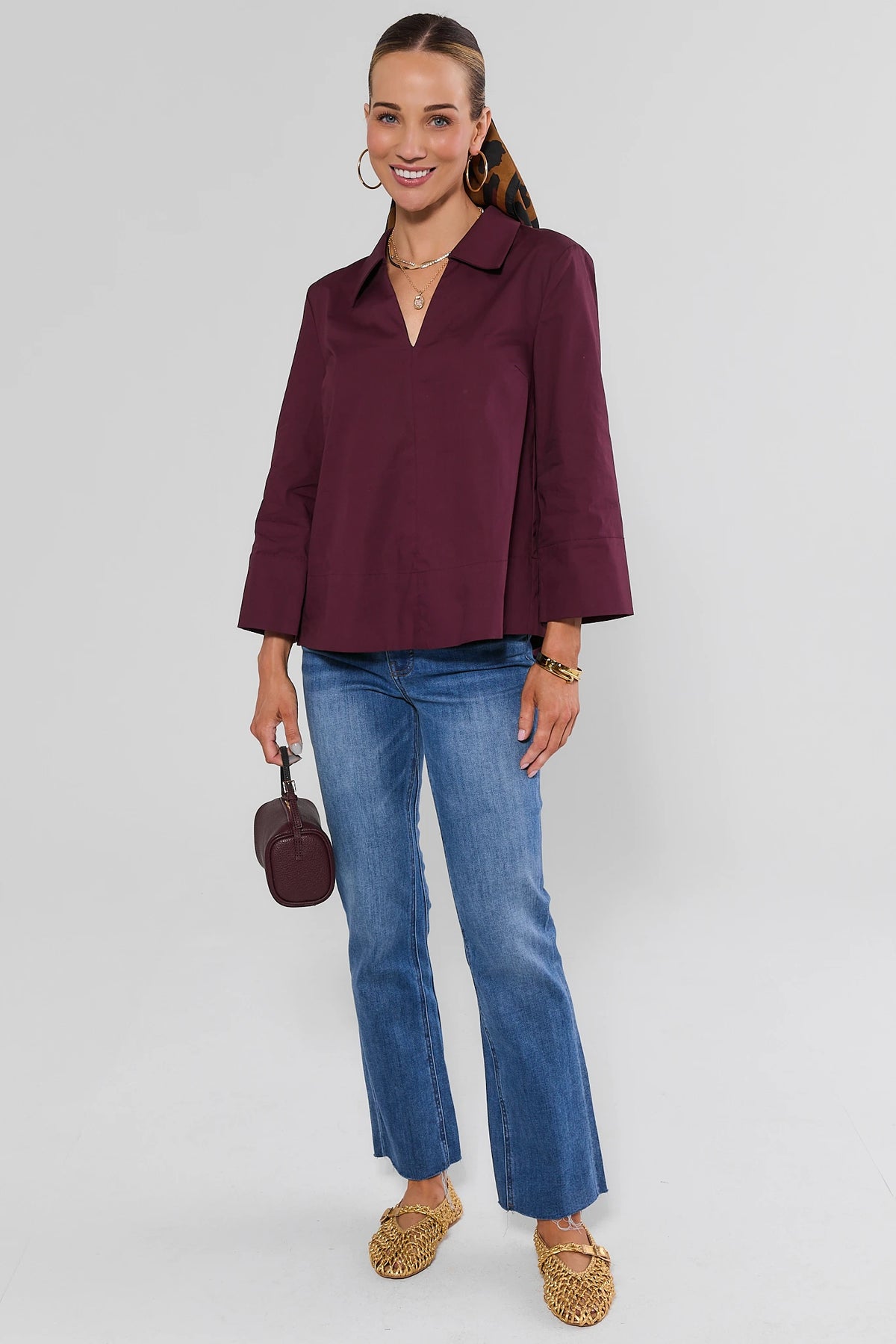 Maroon Split Neck Top - Full Length Styled Look with Jeans and Woven Flats | Avara