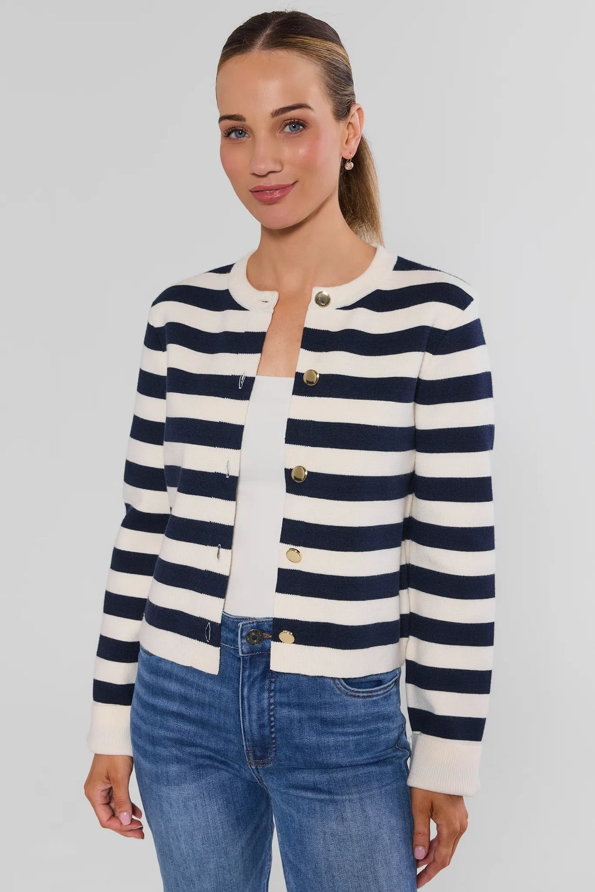 Navy Striped Button Up Cardigan - Front 3/4 View On Model with Jeans | Avara