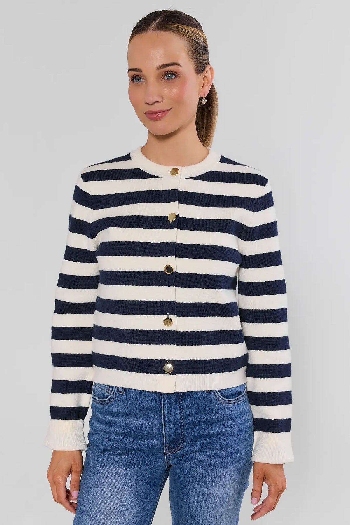 Navy White Striped Cardigan - Front View Buttoned On Model | Avara