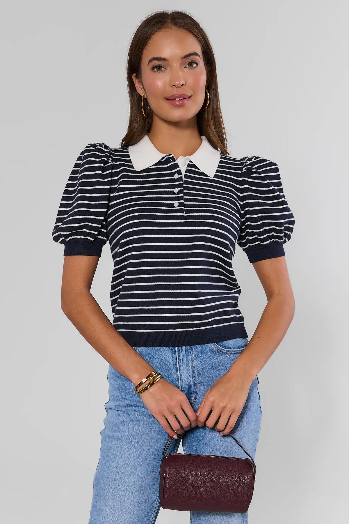 Navy Striped Puff Sleeve Polo Top Styled with Denim - Full Front On Model | Avara