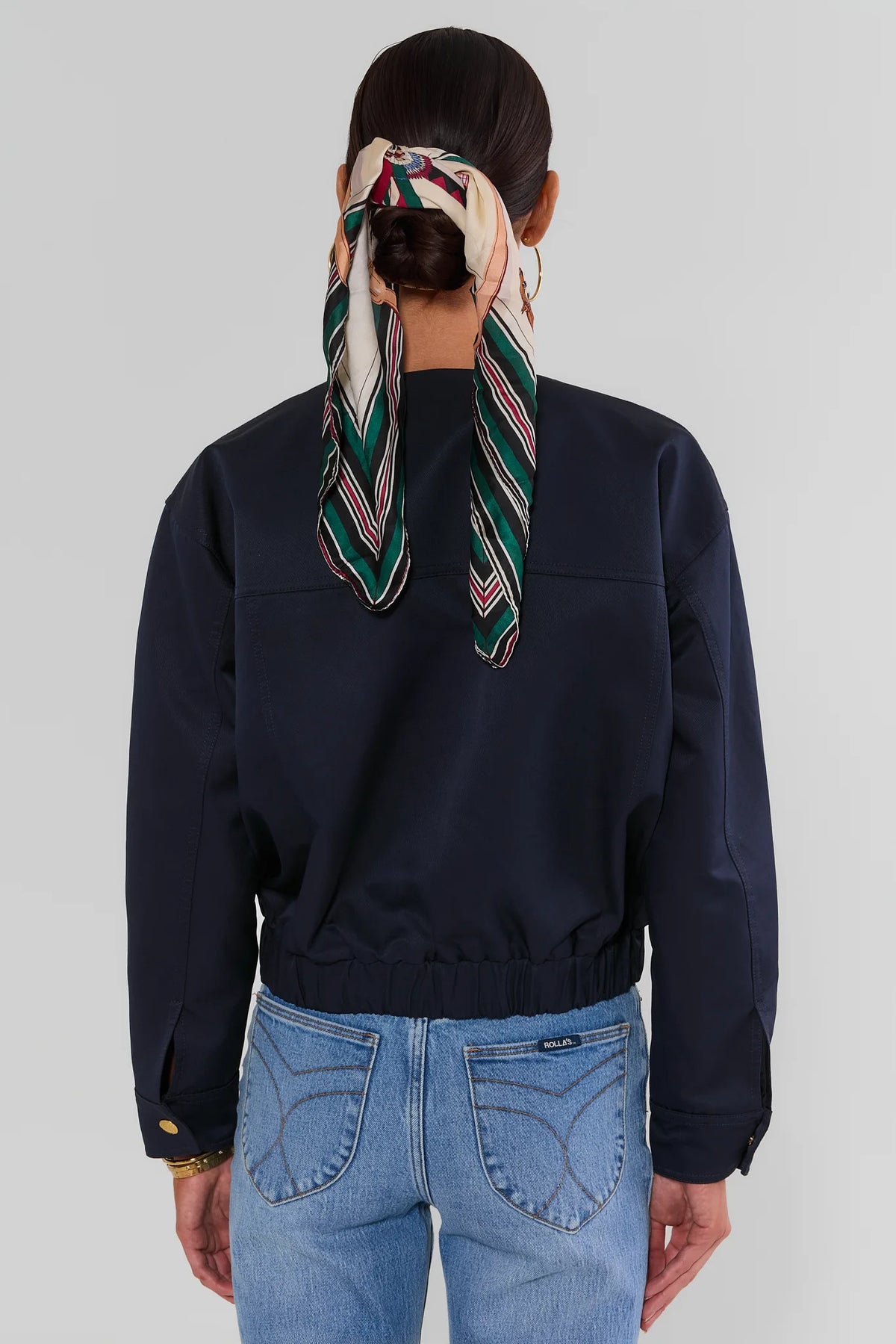 Navy Blue Button Up Jacket Elastic Hem Detail - Back View On Model | Avara