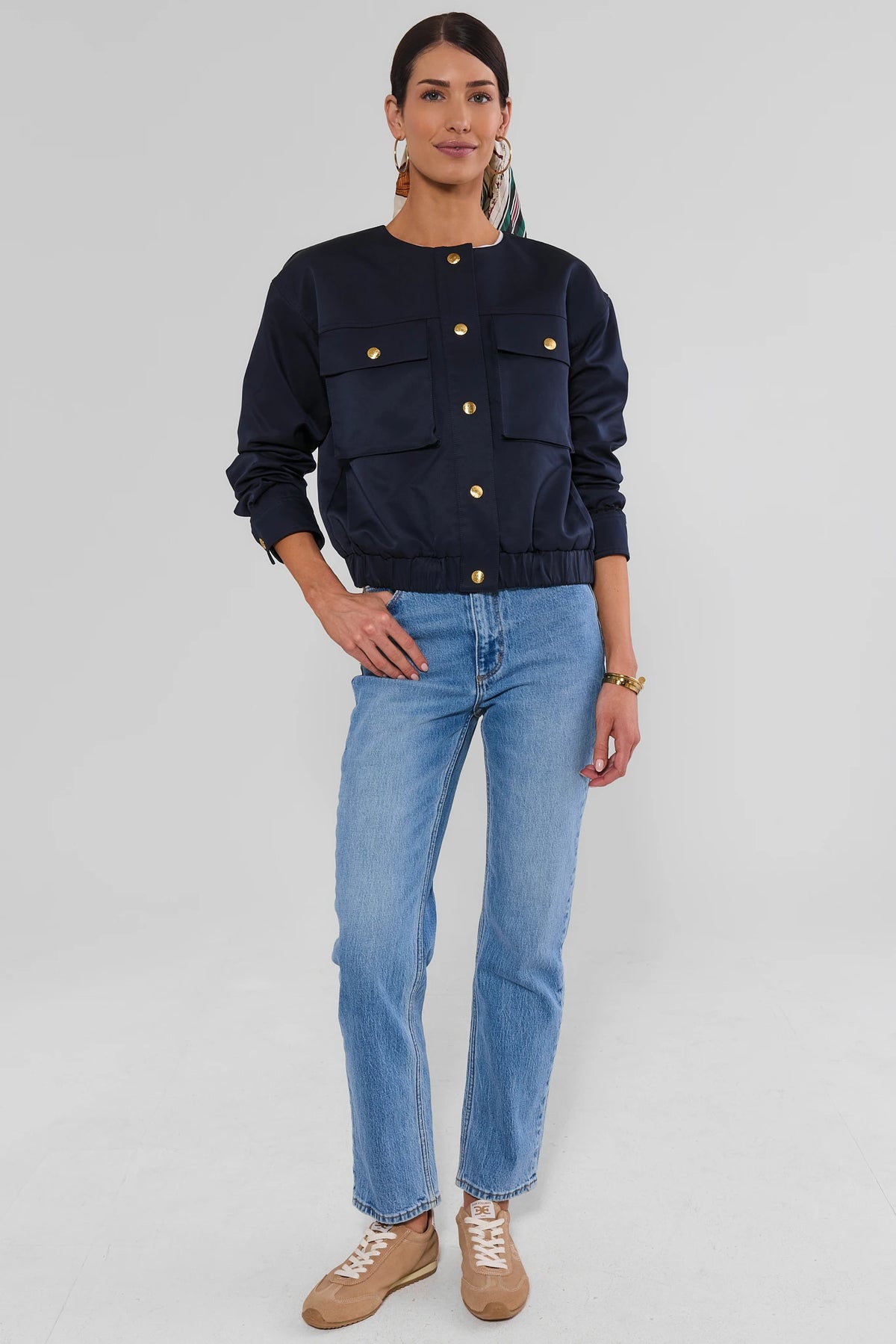 Navy Blue Button Up Jacket Full Length Front View with Jeans - On Model | Avara