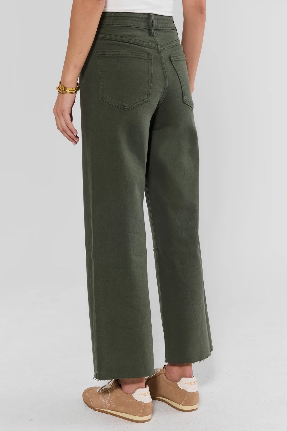 Kimberly Dark Olive Wide Leg Jeans - Back View, High Rise Raw Hem & Back Pockets On Model | Avara