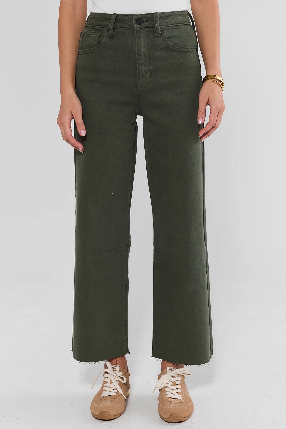 Kimberly Dark Olive Wide Leg Jeans - Front View, High Rise Raw Hem, On Model | Avara