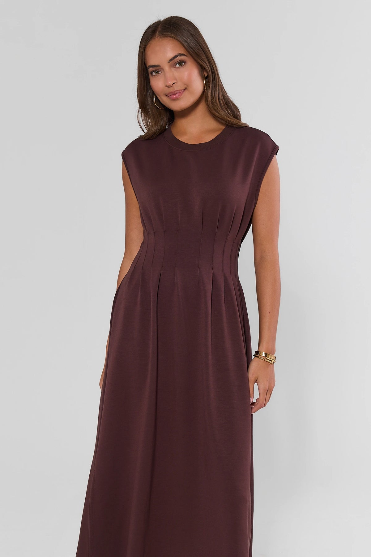 Brown Knit Pleated Midi Dress - Front View On Model | Avara