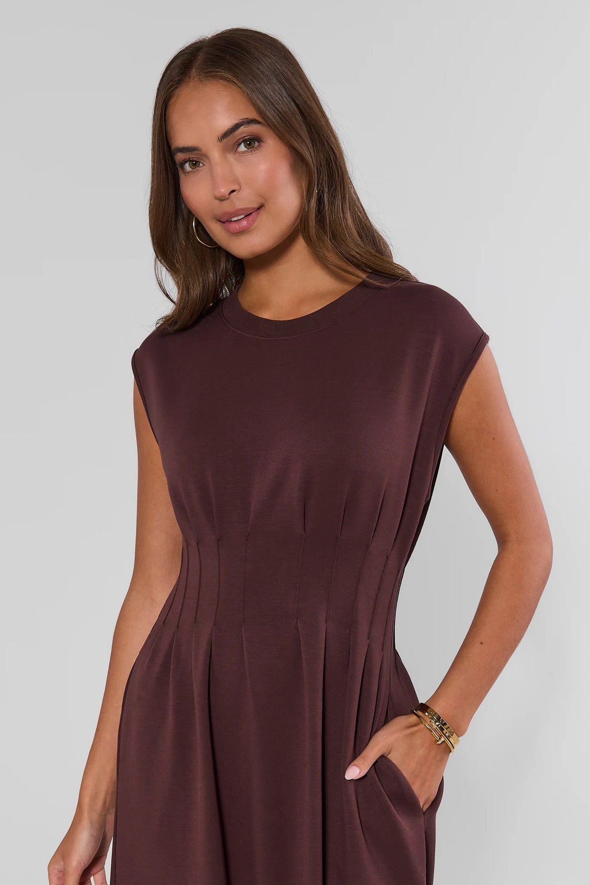 Brown Pleated Midi Dress - Close-Up Bodice & Pocket Detail | Avara