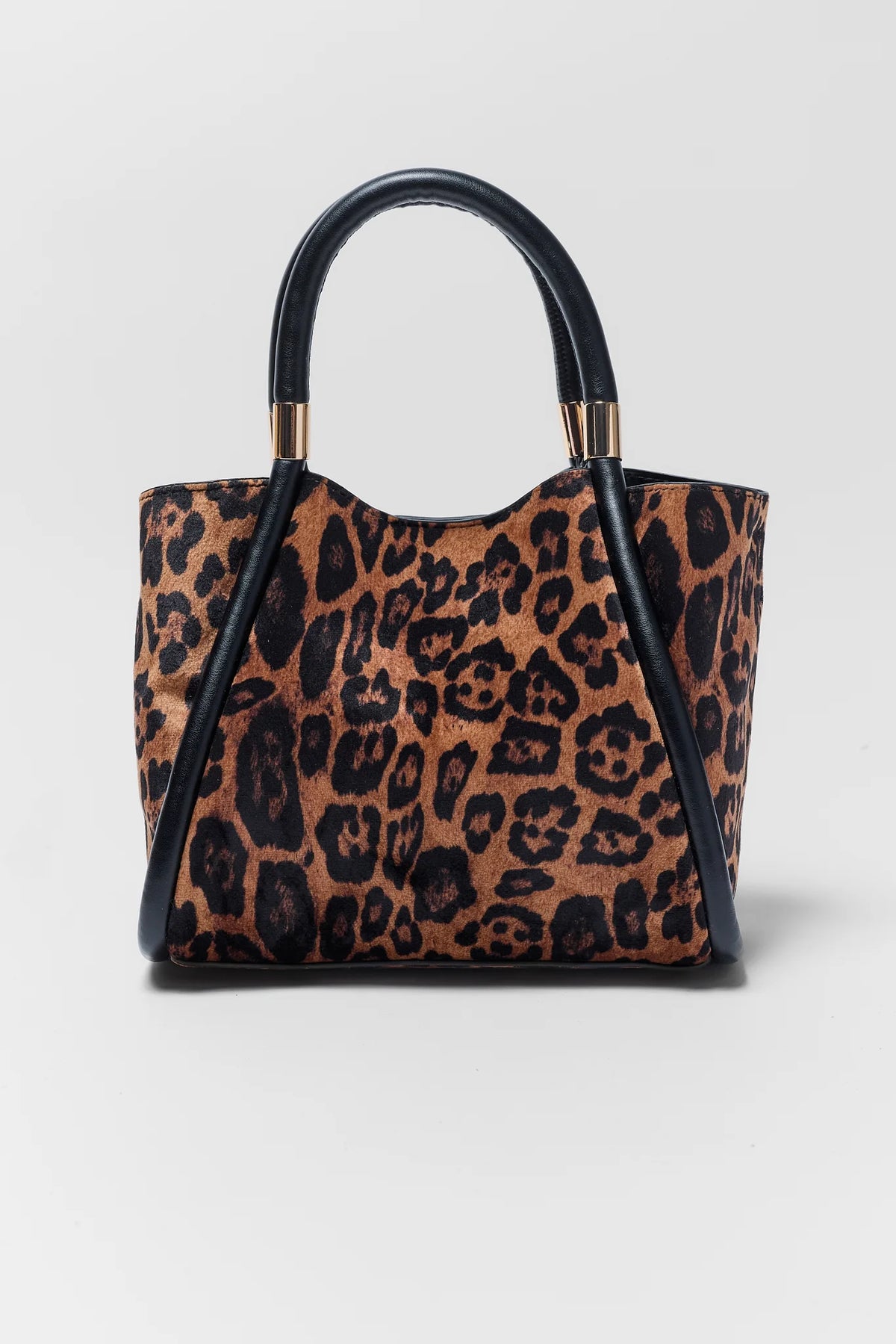 Brown Leopard Print Small Shoulder Bag with Black Handles - Front View | Avara