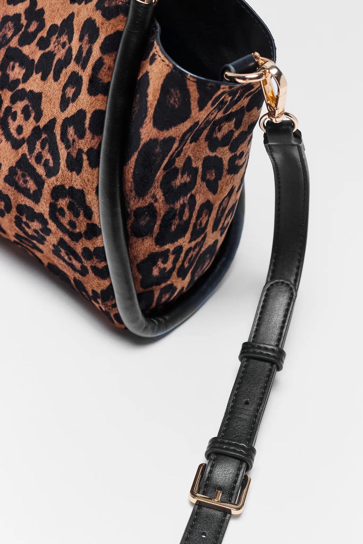 Leopard Print Small Handbag Adjustable Black Strap with Gold Hardware - Detail View | Avara