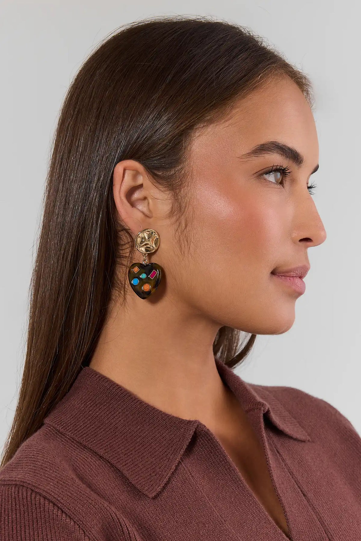 Tortoise Heart Drop Earrings with Colorful Gems - On Model Side Profile | Avara
