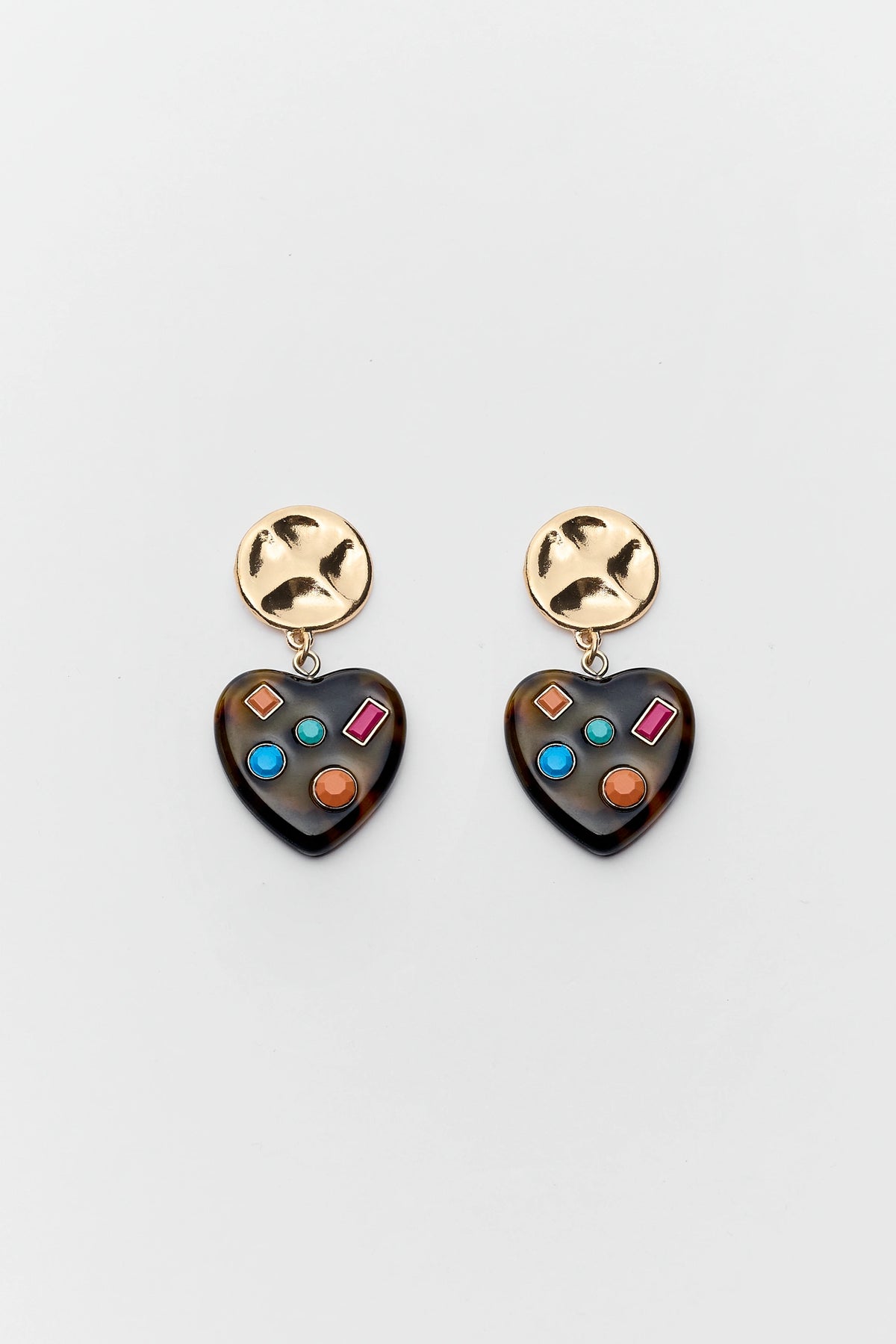Tortoise Heart Drop Earrings with Gold Coin Stud & Multicolor Gems - Flat Lay | Avara