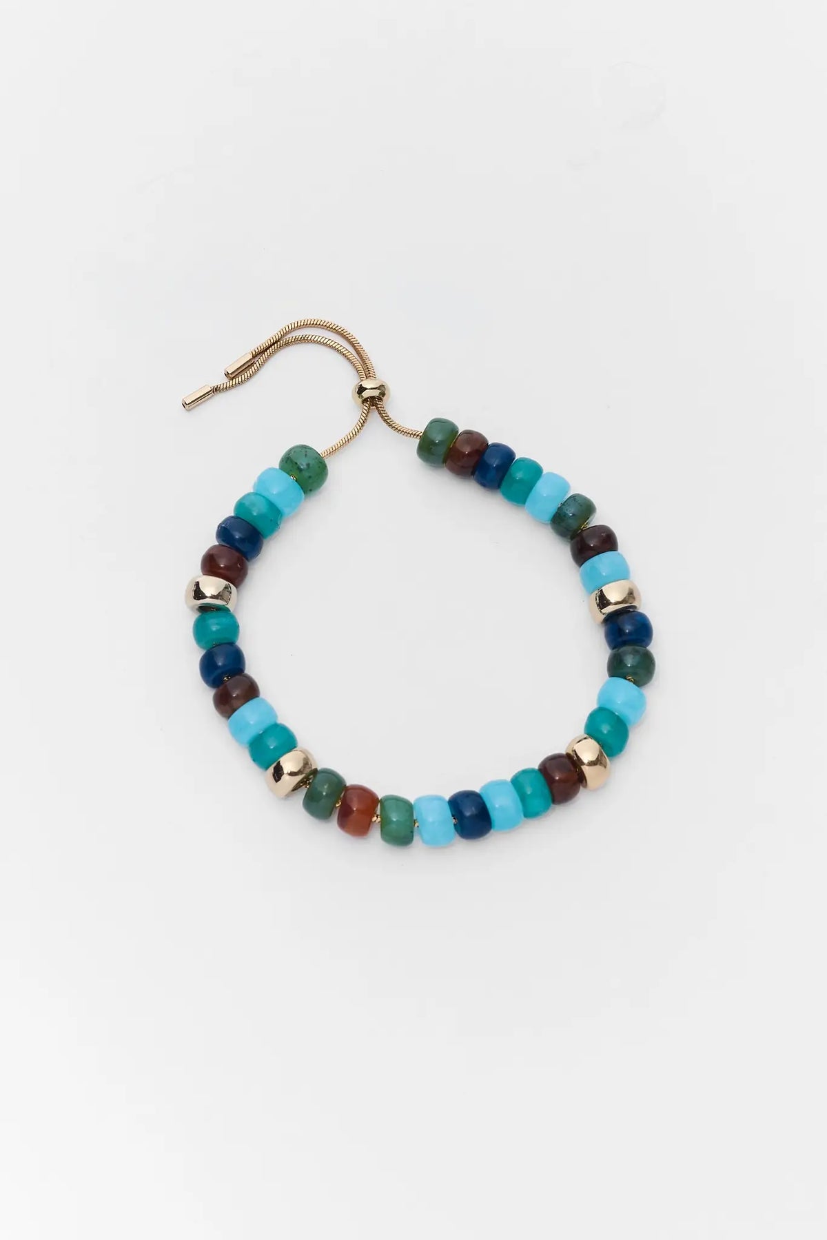 Blue Multi Beaded Adjustable Bracelet with Gold Slider Clasp - Flat Lay | Avara