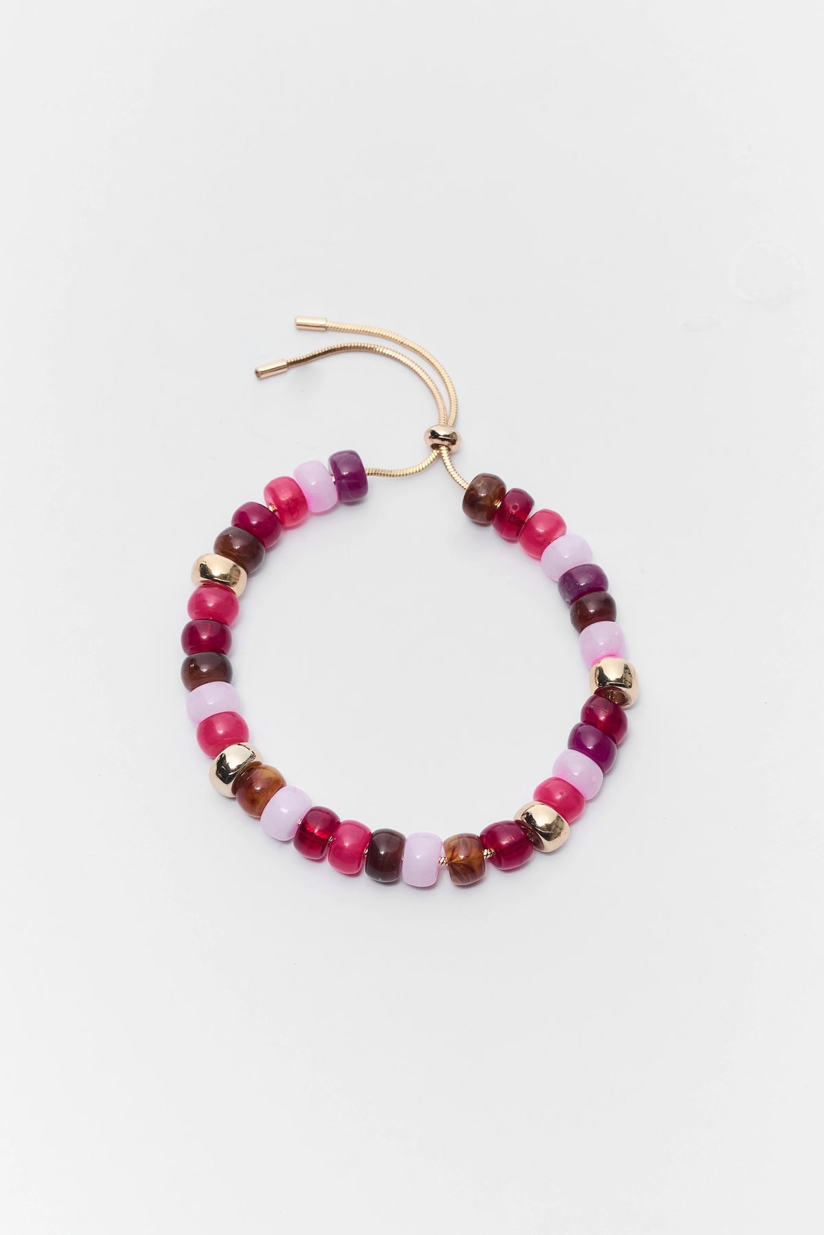 Pink Multi Beaded Adjustable Bracelet with Gold Slider - Flat Lay | Avara