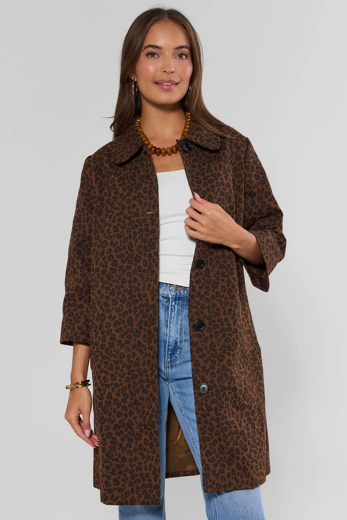 Brown Leopard Print Coat - Front View On Model, Open with Jeans | Avara