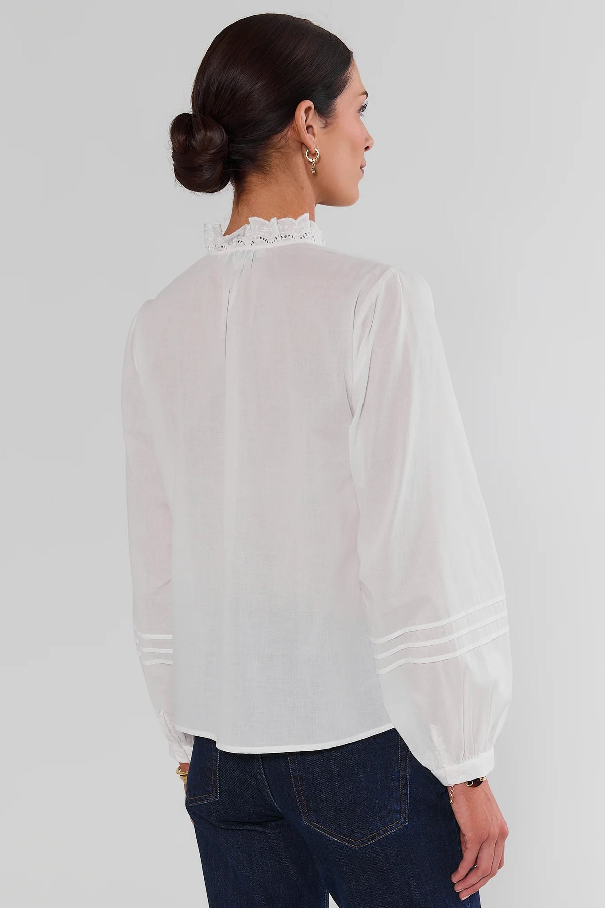 White Eyelet Button-Up Top - Back View Showing Ruffle Collar & Long Sleeves | Avara