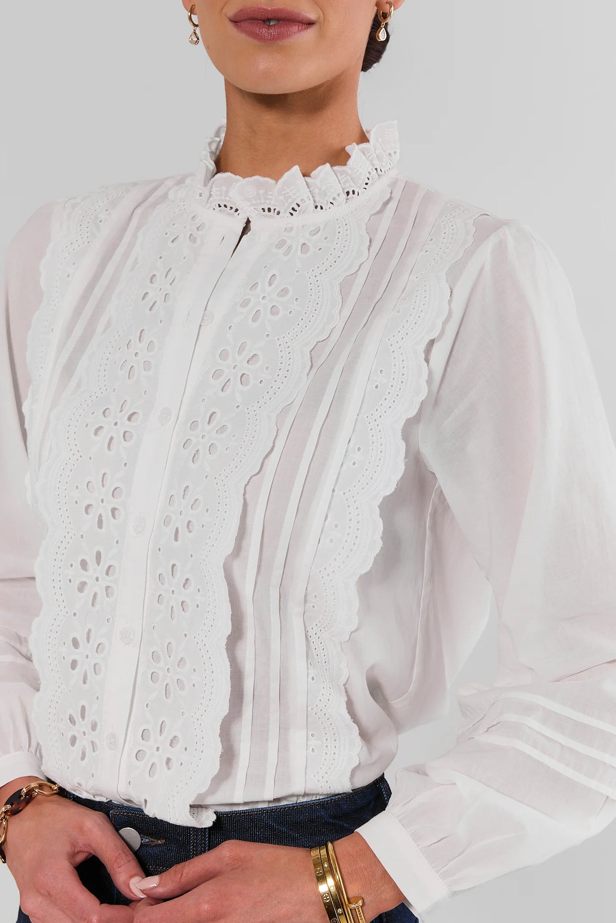 White Eyelet Button-Up Top - Floral Eyelet & Ruffle Collar Close-Up | Avara