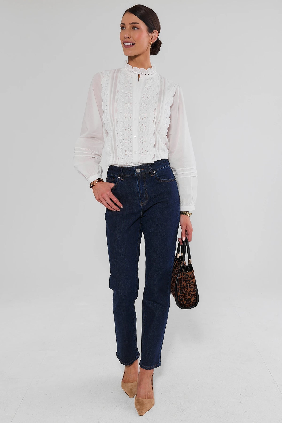 White Eyelet Detail Button-Up Top - Full Length Styled Look with Jeans | Avara