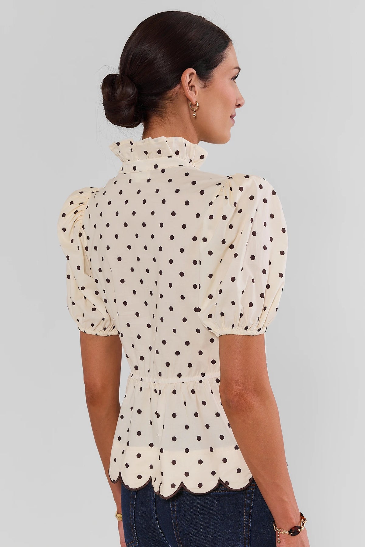 Cream Polka Dot Scalloped Peplum Top - Back View On Model | Avara