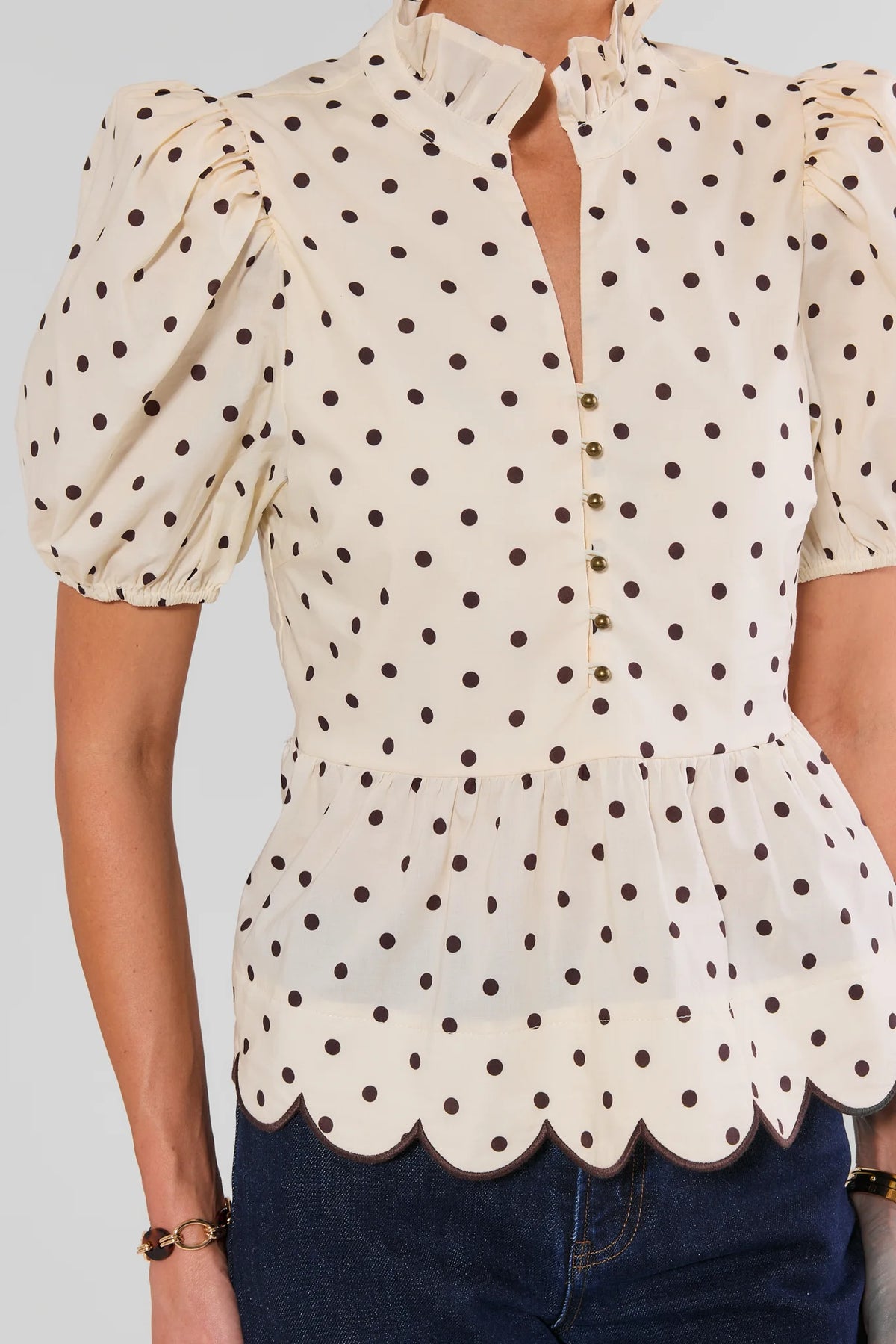 Cream Polka Dot Peplum Top - Ruffle Neckline & Puff Sleeve Detail | Avara