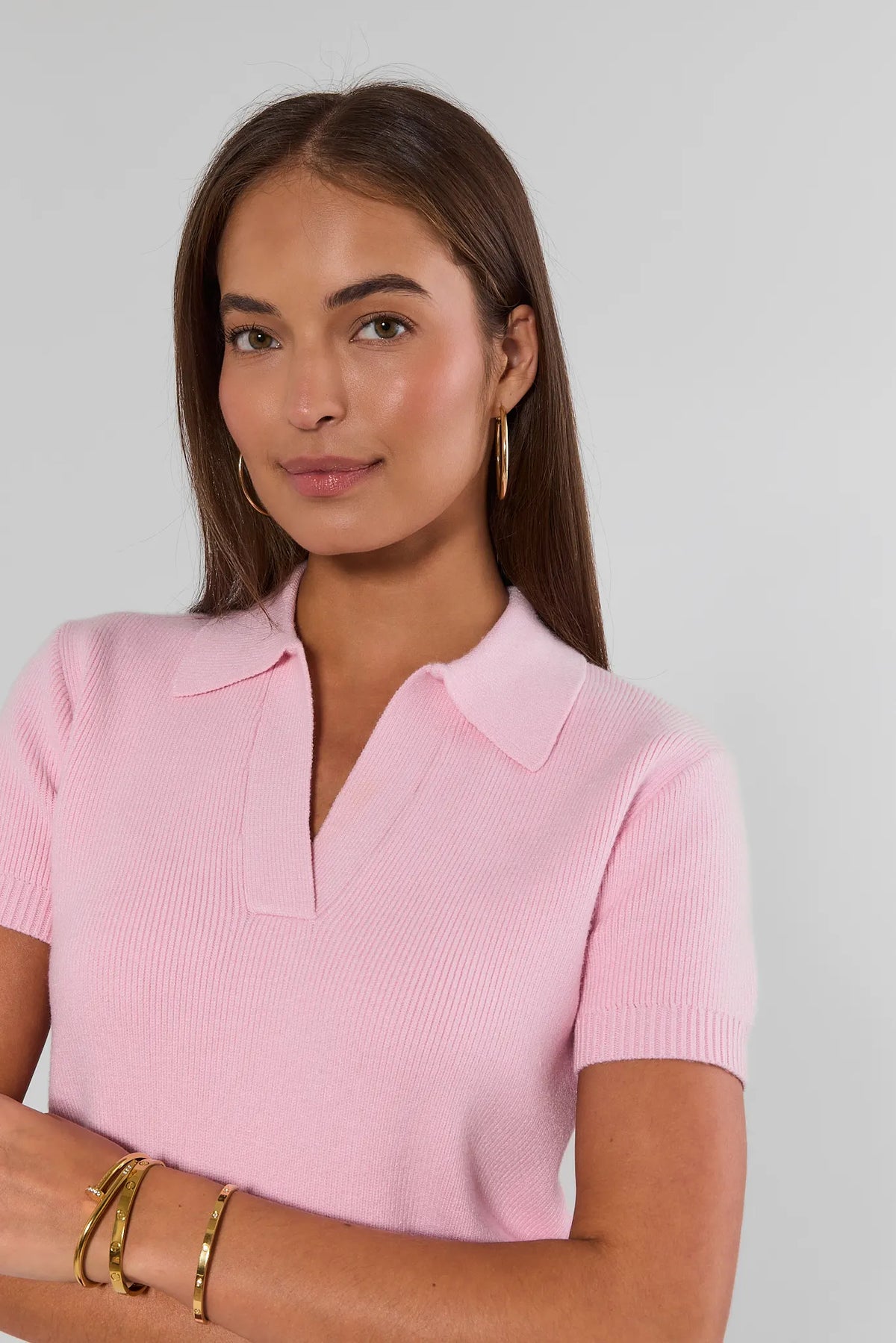 Pink Collared Knit Top - Collar & V-Neck Close-Up Detail | Avara