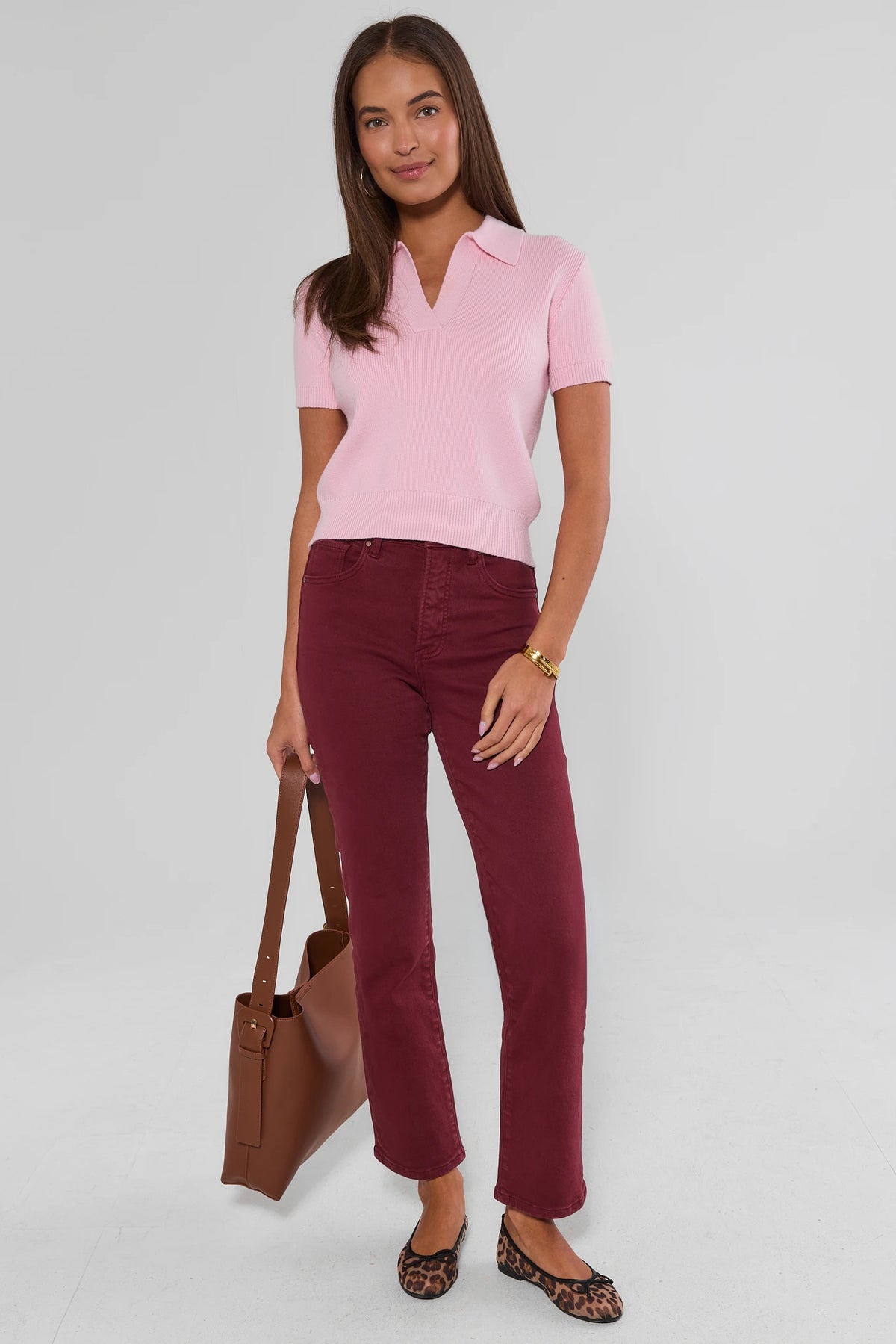 Pink Knit Collared Top Styled with Burgundy Pants - Full Length Look | Avara