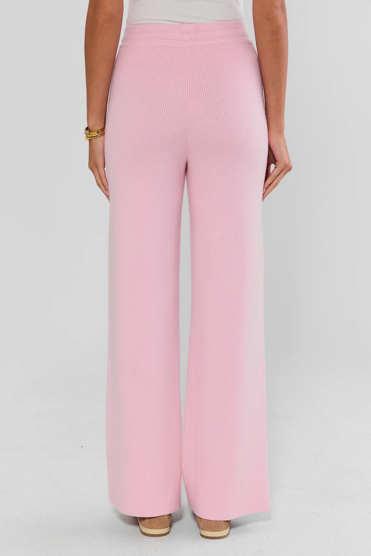 Pink Ribbed Knit Wide-Leg Lounge Pants - Back View with Wide-Leg Silhouette | Avara