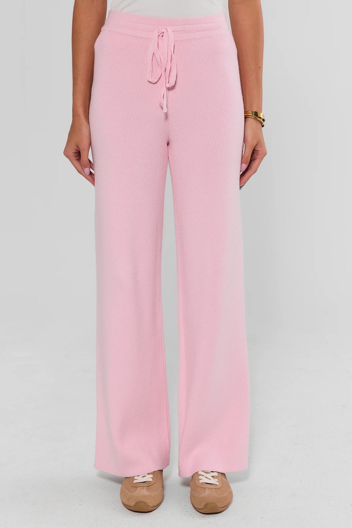 Pink Knit Wide-Leg Lounge Pants - Front Close-Up with Drawstring Waist | Avara