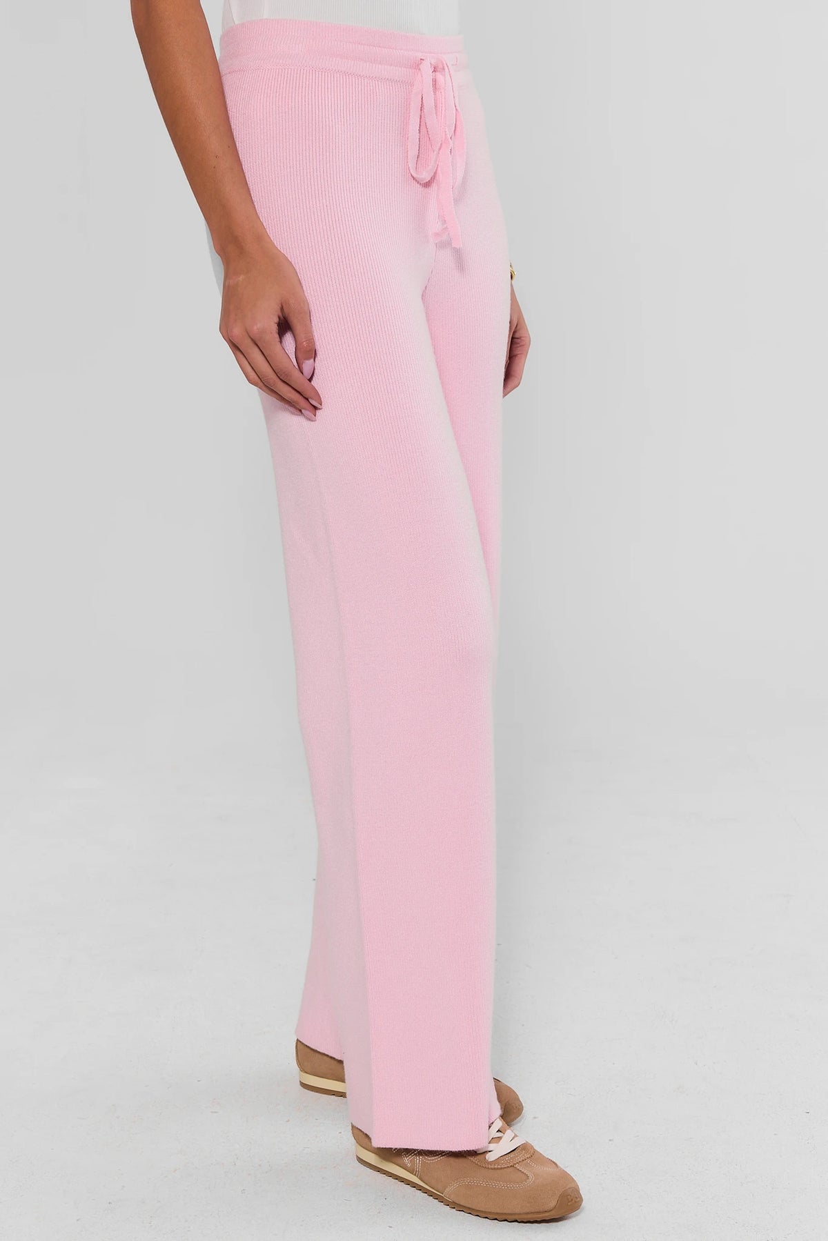 Pink Ribbed Knit Wide-Leg Lounge Pants - Side Profile View | Avara