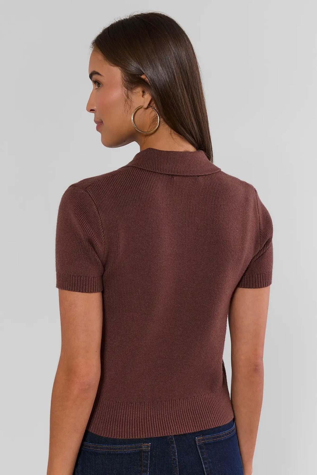 Brown Collared Knit Top - Back View Showing Ribbed Knit Detail | Avara