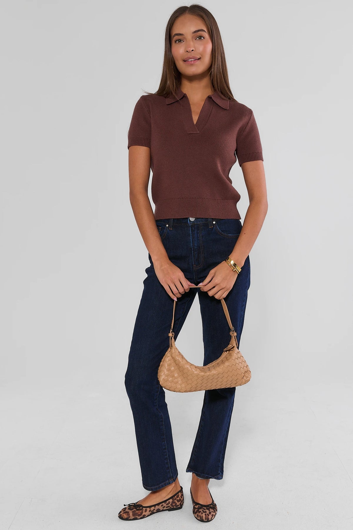 Brown Collared Knit Top Styled with Dark Wash Jeans - Full Length Front View | Avara