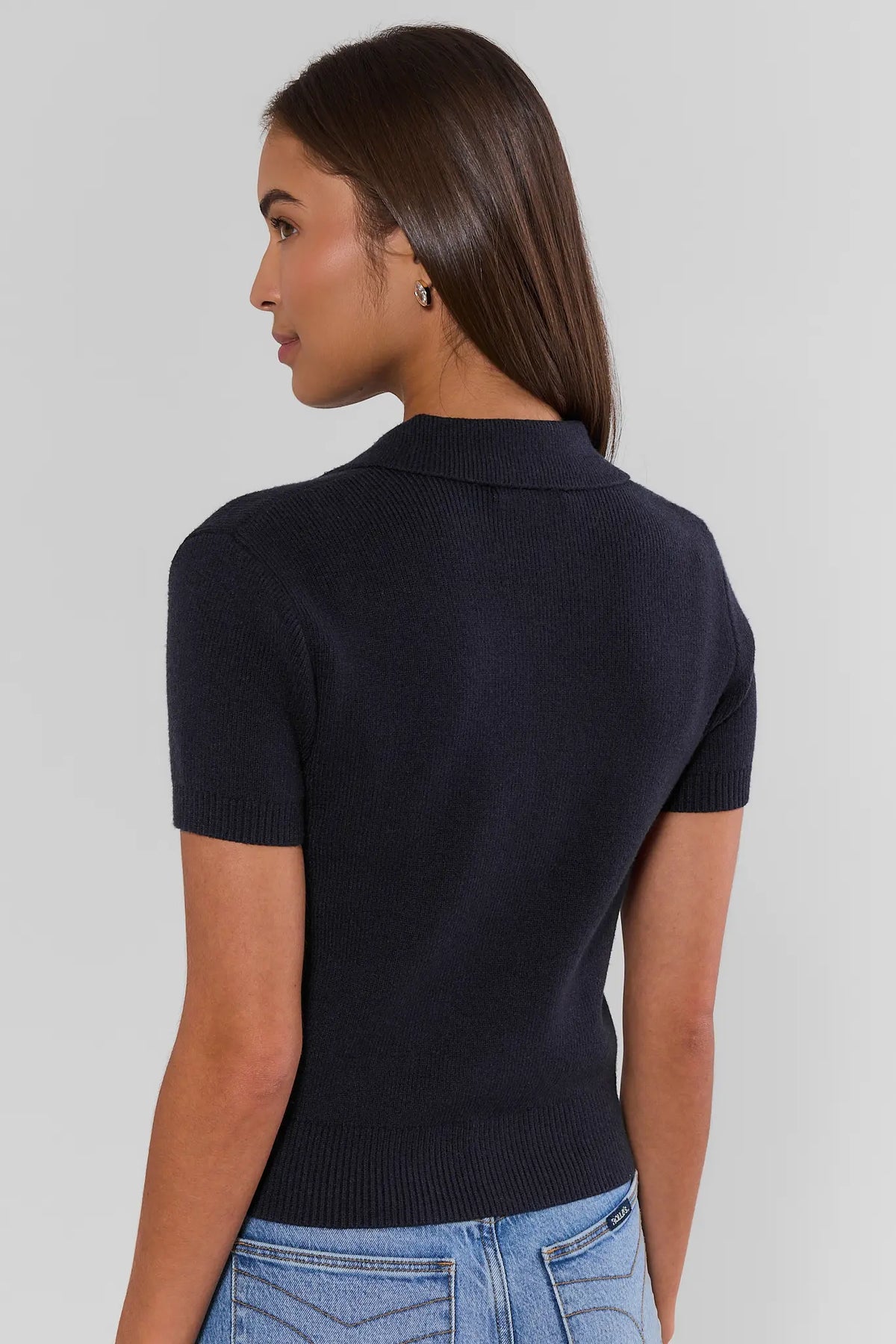 Navy Knit Top - Back View Showing Ribbed Hem and Short Sleeve Detail | Avara